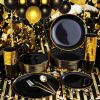 EI 180pcs Black Plastic Plates Black and Gold Disposable Plates Gold Plastic Dinnerware Set Silverware and Cups for Birthday,Wedding,Festival